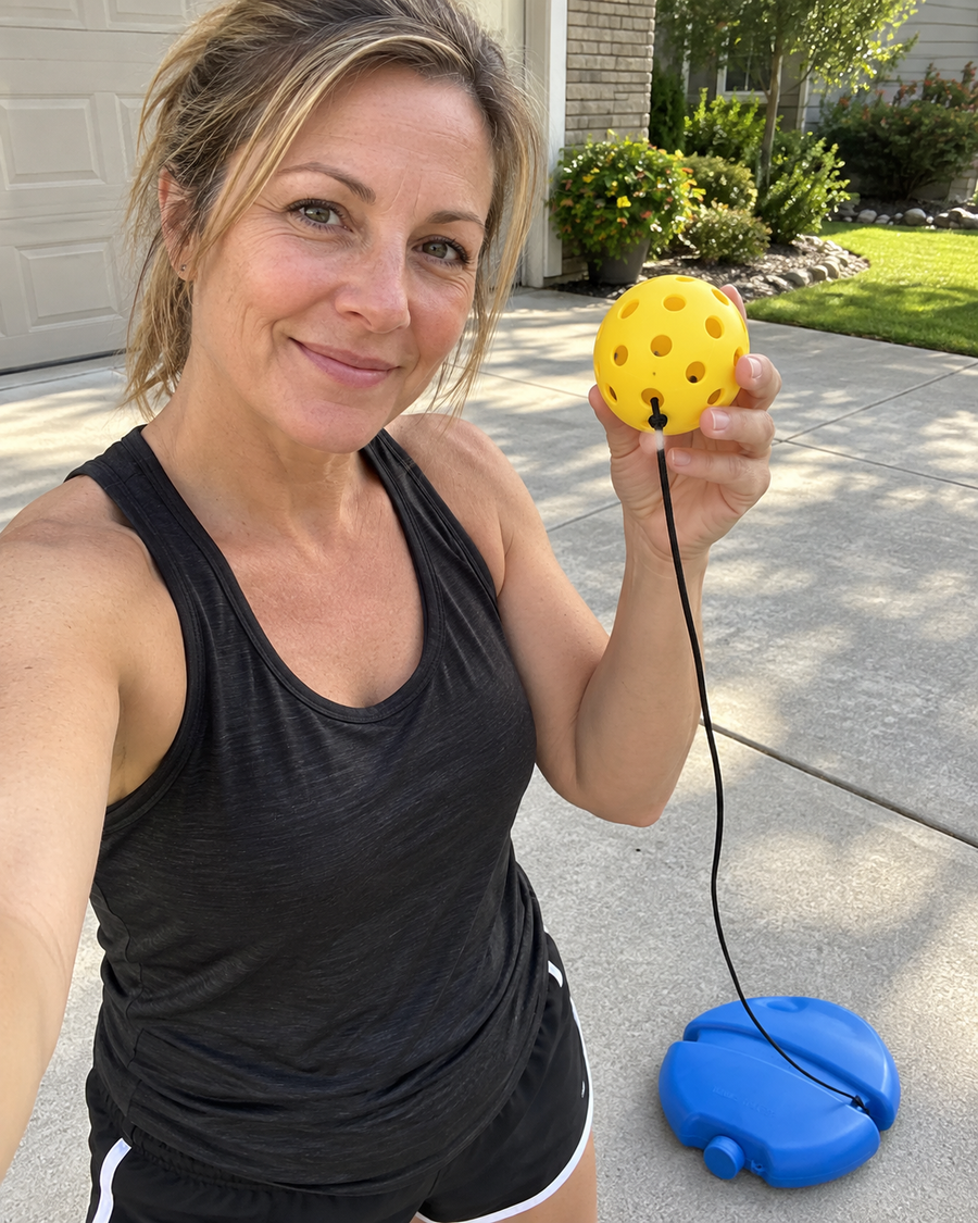 Customer holding the PickleCo training ball