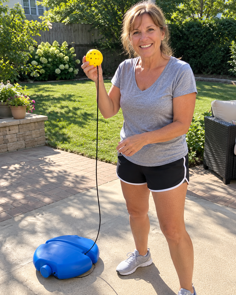 Customer with the PickleCo trainer outdoors