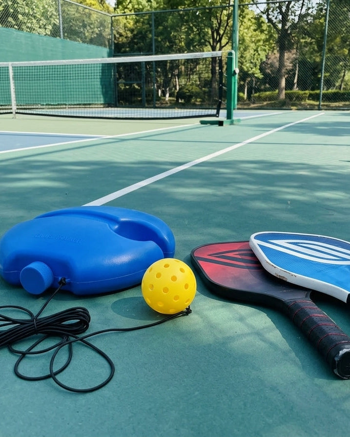 PickleCo solo trainer and paddles outdoors